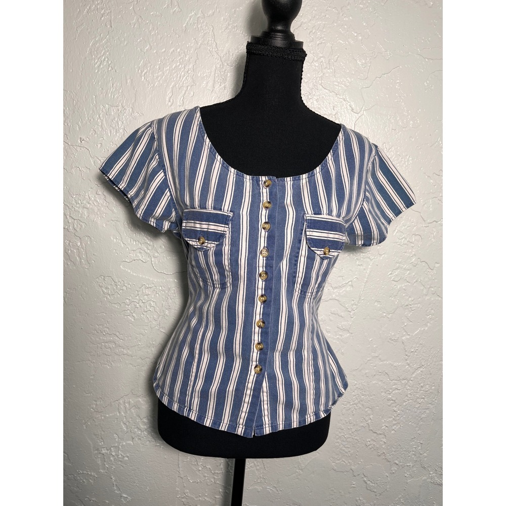 Vintage At Last Studio 1993 Blue White Striped Cotton Button Blouse Large